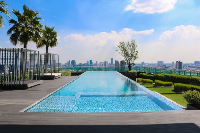 long lap pool with tall trees